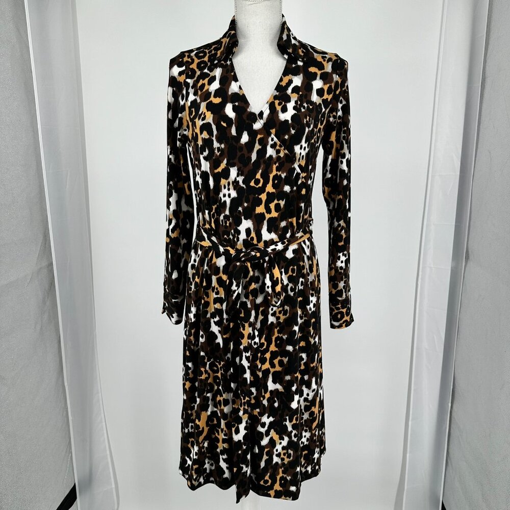 Dennis Basso Leopard Print Collared Midi dress with front tie, size XXS